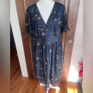 BloomChic Navy Star & Moon Embroidered Mesh Wrap Dress Women Size 12